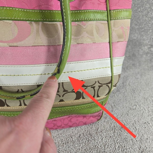Coach Stripe Signature Monogram Purse Canvas Leather Tote Bag Pink Green - Picture 15 of 16